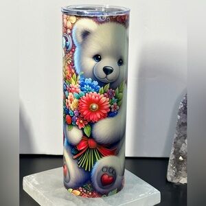 Cute Teddy Bear Floral Skinny Tumbler (Valentine/Whimsical Gift)